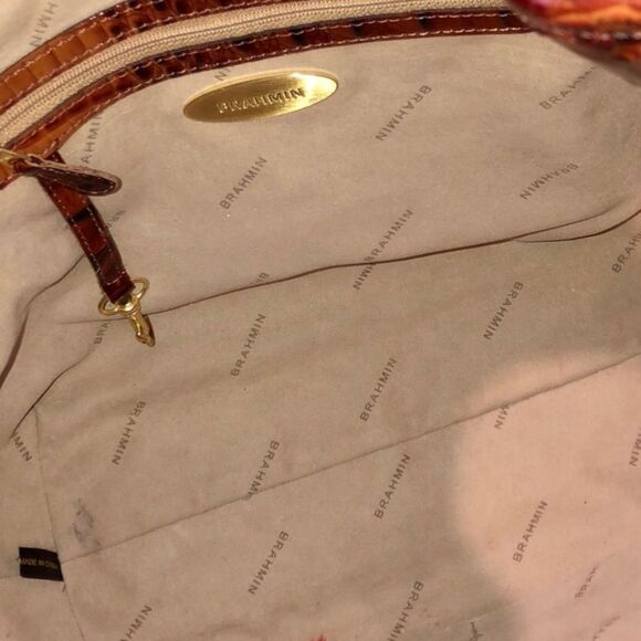 BRAHMIN Canvas and Warm Brown Crocodile Leather Shoulder Bag with Medallion - Picture 8 of 17